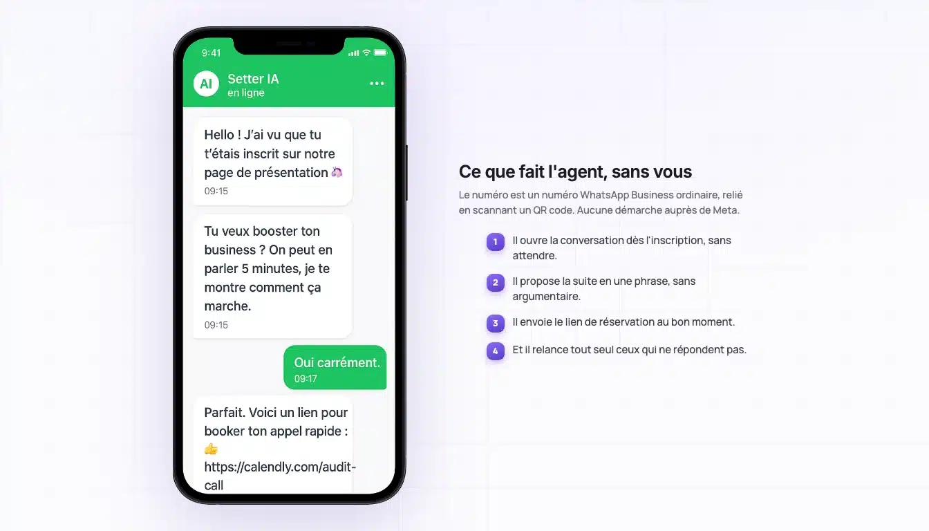 Capture d'une conversation WhatsApp menée par un agent IA : il ouvre l'échange, propose un appel et envoie le lien de réservation