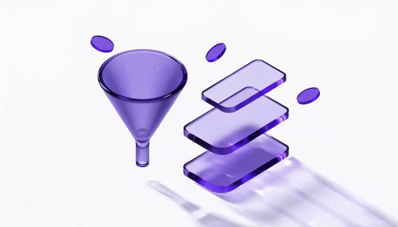 Illustration 3D d'un tunnel de vente en verre violet et de paliers tarifaires