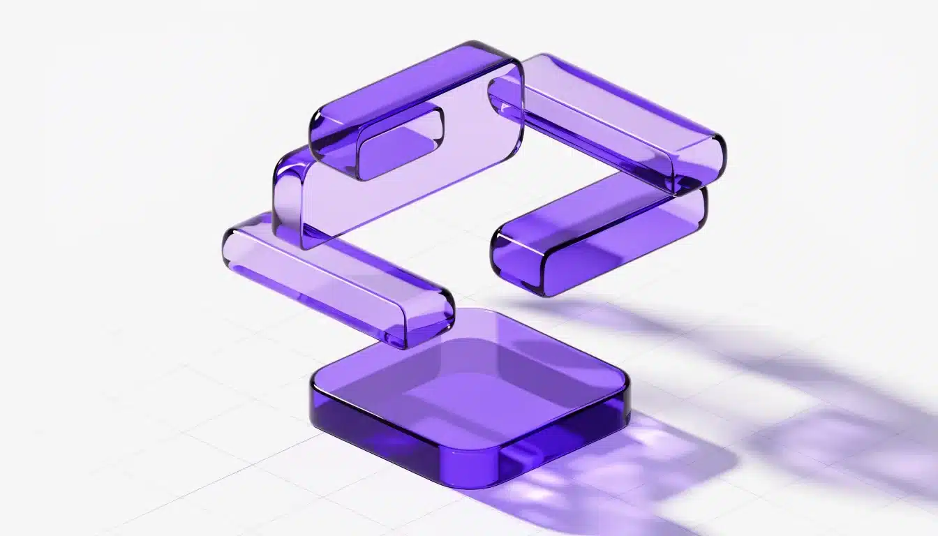 Six blocs de verre violet qui s'assemblent : les variables qui composent le prix d'un tunnel de vente