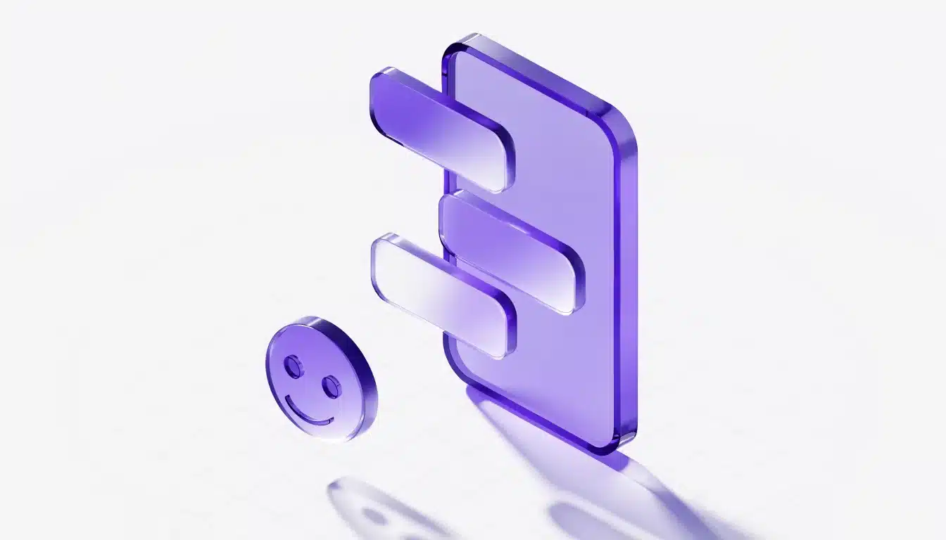 Illustration 3D d'un setter IA sur WhatsApp : smartphone en verre violet et bulles de conversation