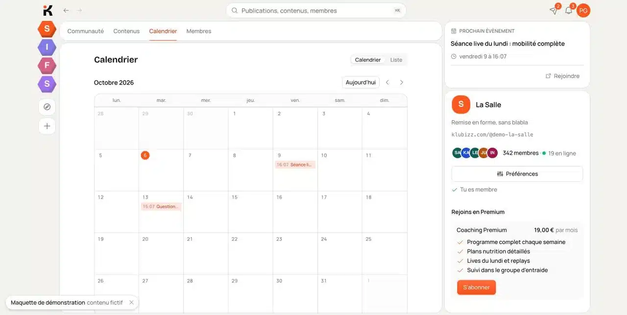 Calendrier partagé d'un Klub Klubizz avec les événements et les lives programmés