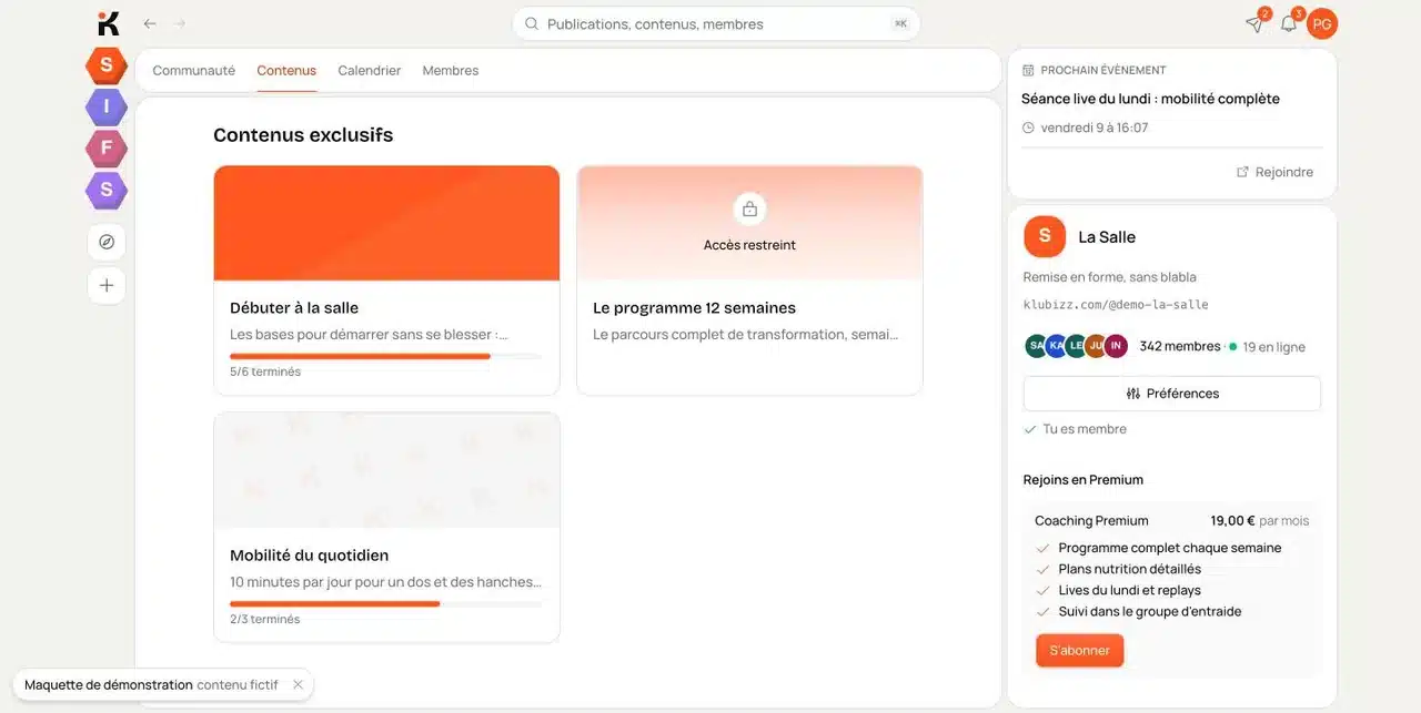 Coffre de contenus exclusifs d'un Klub, avec une collection verrouillée derrière une offre payante