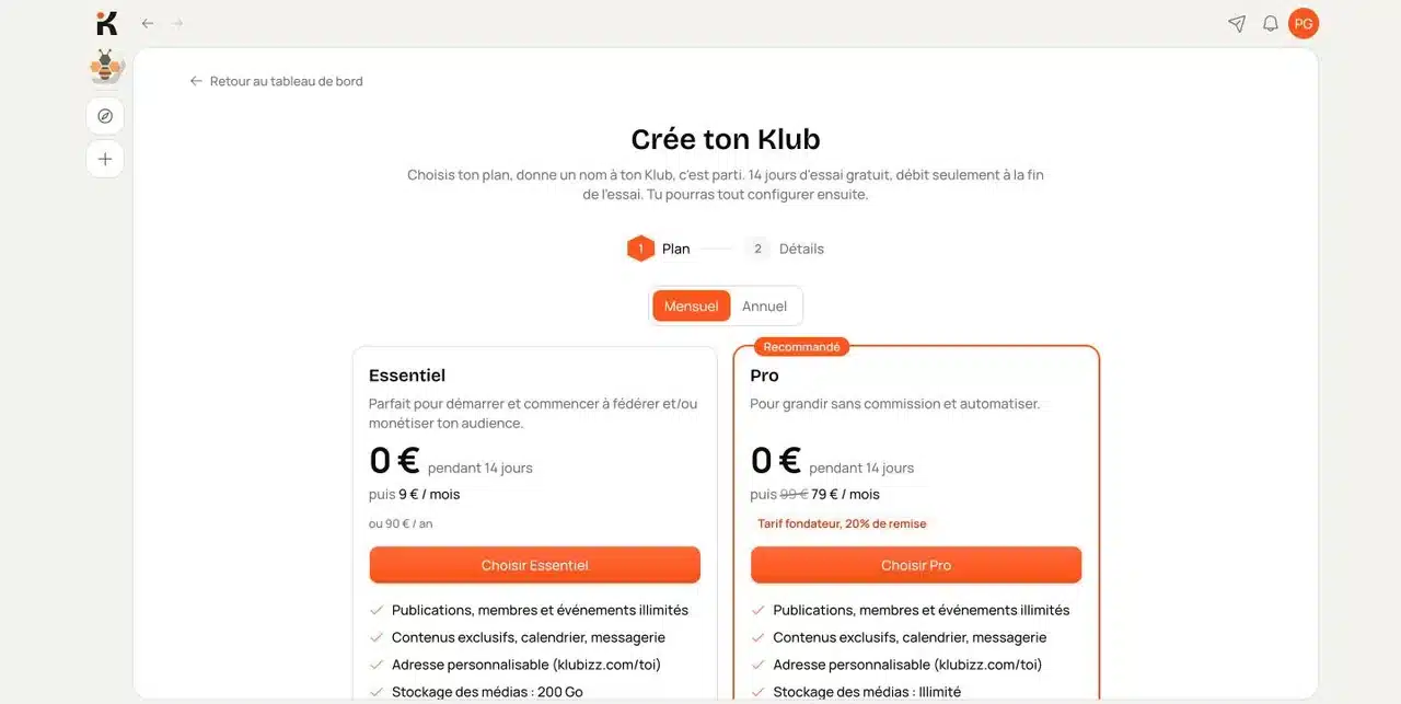 Écran de création d'un Klub : choix du plan Essentiel ou Pro avec 14 jours d'essai
