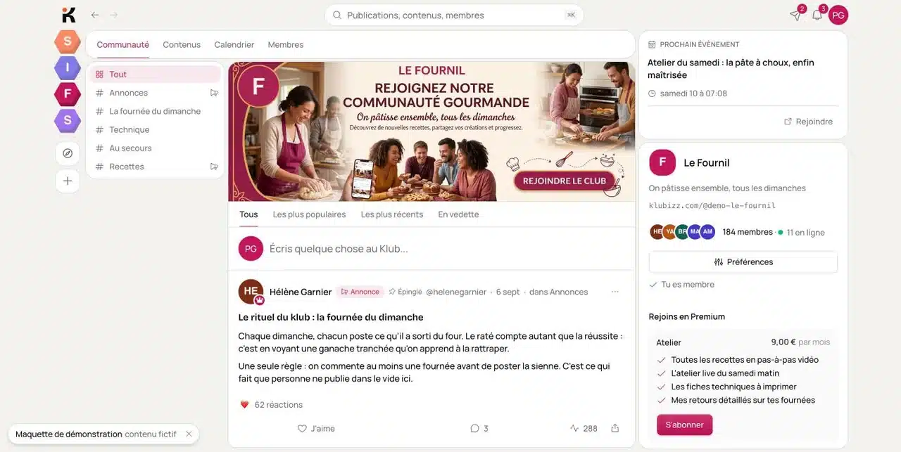 Exemple de Klub sur Klubizz : une communauté de pâtisserie avec ses espaces thématiques