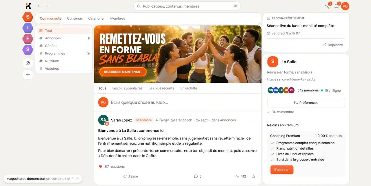 Fil d'actualité d'un Klub sur Klubizz, avec ses espaces, sa bannière et ses publications