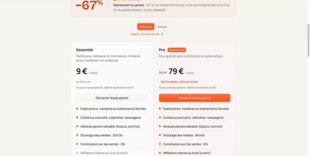 Grille tarifaire de Klubizz : plan Essentiel à 9 € et plan Pro à 79 € par mois